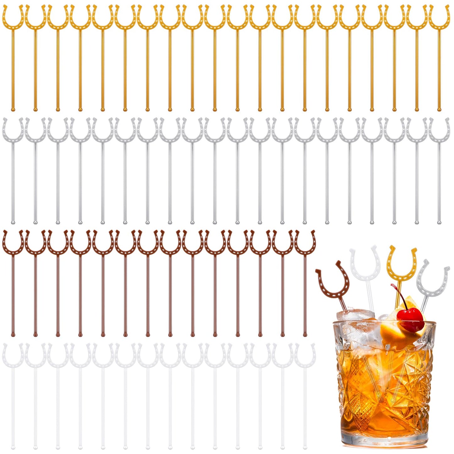 Teenyyou 80 Pcs Derby Drink Stirrers Bulk 5.9 Inch U Shaped Horseshoe Plastic Swizzle Sticks Horse Racing Coffee Cocktail Stirrers Reusable Horse Racing Beverage Stir Stick for Home Coffee Bar Kitchen