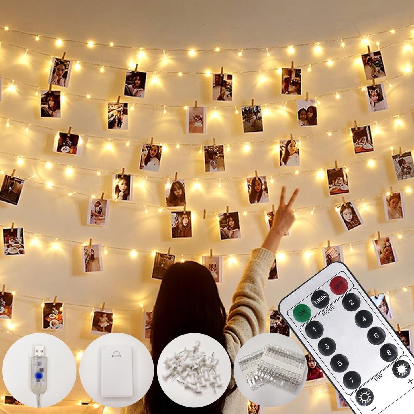 Microwear 33Ft Photo Clip String Lights,USB or Battery Powered,8 Modes 100 LED 10M Hanging String Fairy Lights with Remote,Decoration for Bedroom Christmas Wedding Décor