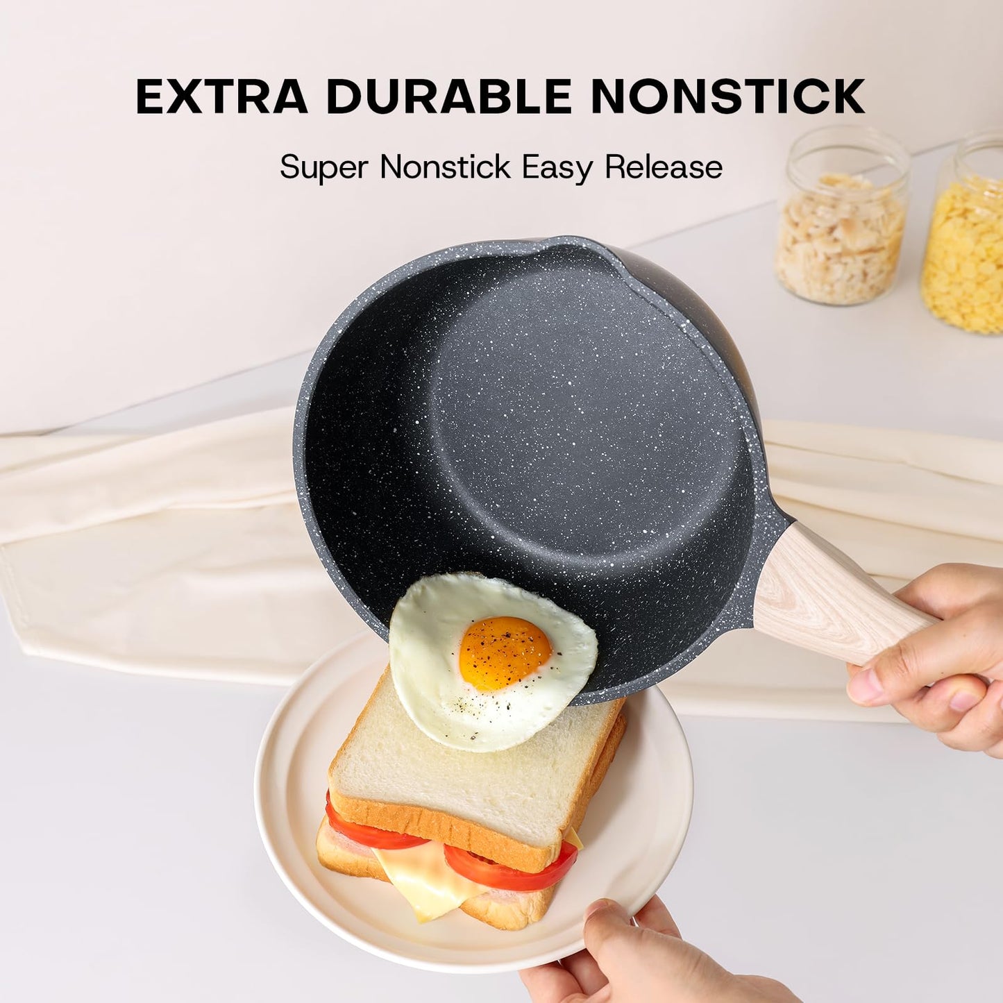 Kordisen Sauce Pan Set with Lid, 1.5Qt & 2.5 Qt Nonstick Cooking Pots with Pour Spout, Easy to Clean, Small Kitchen Induction Saucepan with Granite Coating, PFOA/PFOS Free (Black)