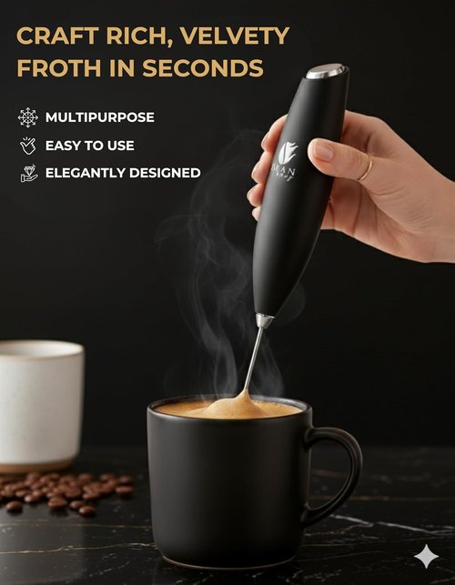 Bean Envy Milk Frother - Handheld Coffee Frother with Stand for Lattes, Cappuccino & Matcha - Black