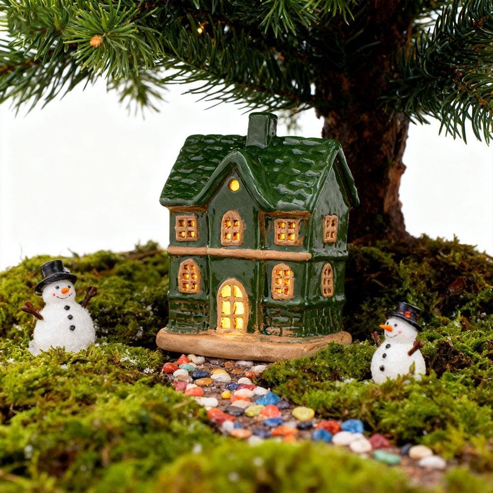 Skiennix Light Up Christmas Village House - White Ceramic Tabletop Decor for Winter Centerpiece (Green)