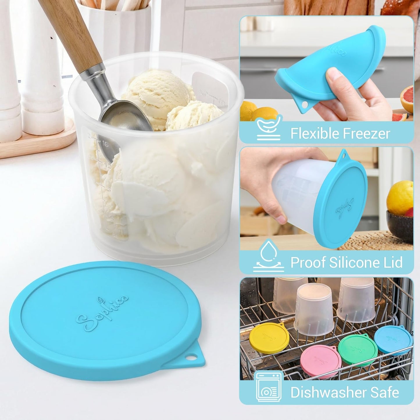 SOPHICO Ice Cream Pint Containers - Airtight Freezer Storage Tubs with Silicone Lids | Medium, 4 Pack