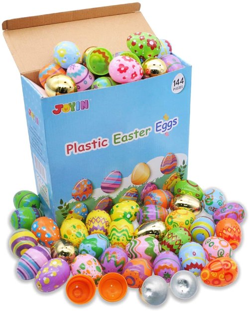JOYIN 144 Pcs Plastic Printed Bright Easter Eggs 2.3" Tall for Easter Hunt, Basket Stuffers Fillers, Classroom Prize Supplies, Filling Treats and Party Favor