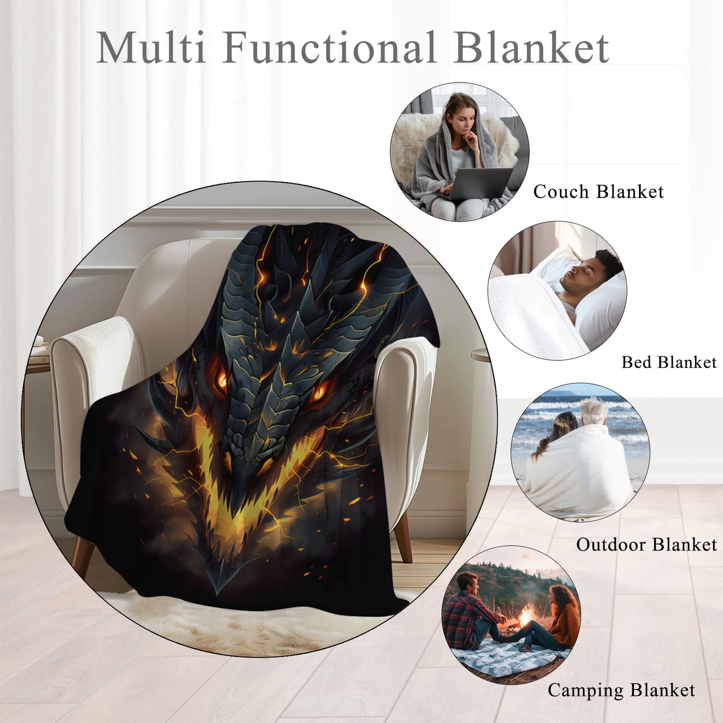 UIACOM Fierce Fire Dragon Throw Blanket - Ultra-Soft Flannel for Living Room, Couch, Bed, Sofa, Office - Decor for Kids, Teens, Men, Women - Gift for Dragon Lovers, 80"x60"