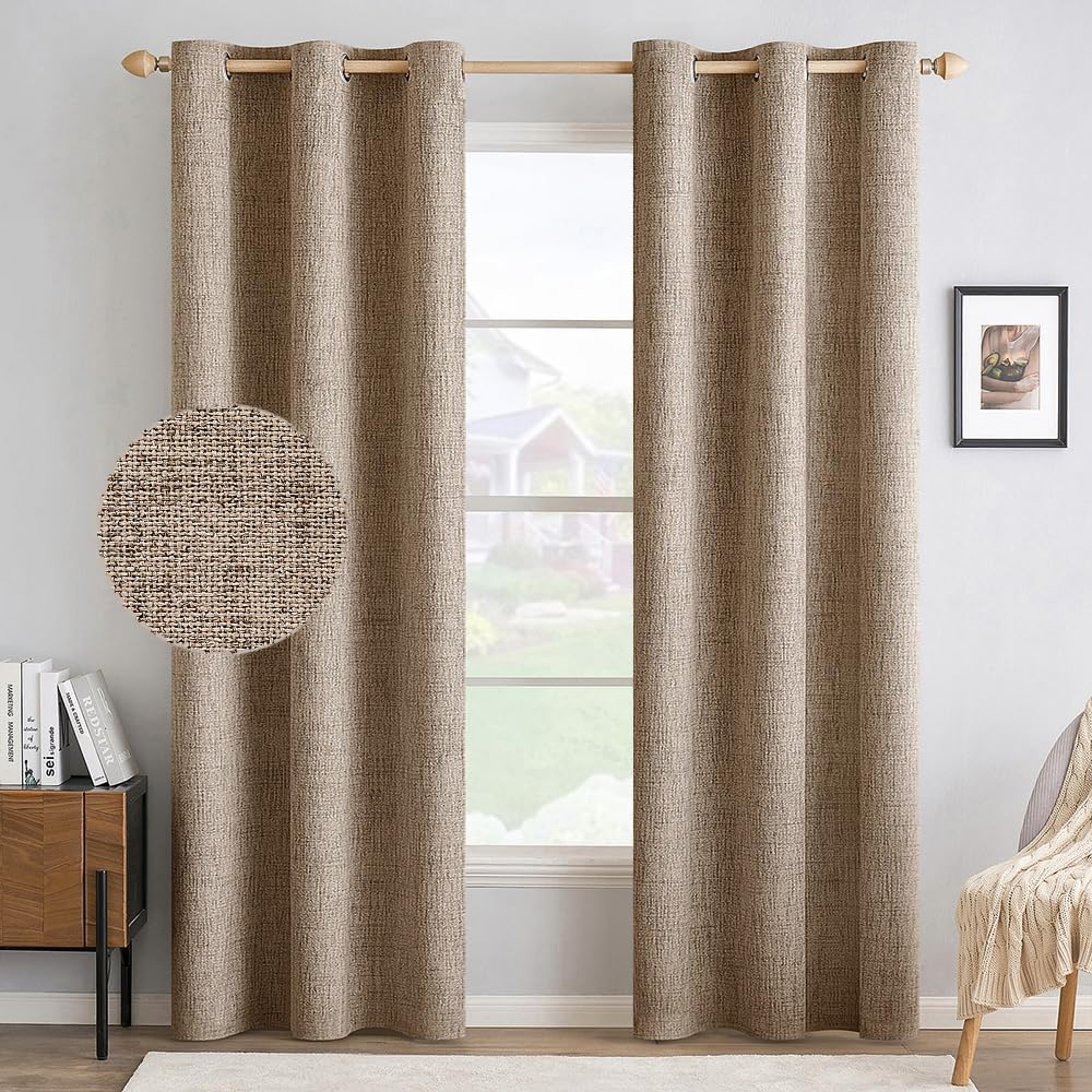 MIULEE 100% Blackout Linen Textured Curtains - Thermal Insulated Copper Brown | Room Darkening Drapes 42 x 84 Inch (2 Panels)