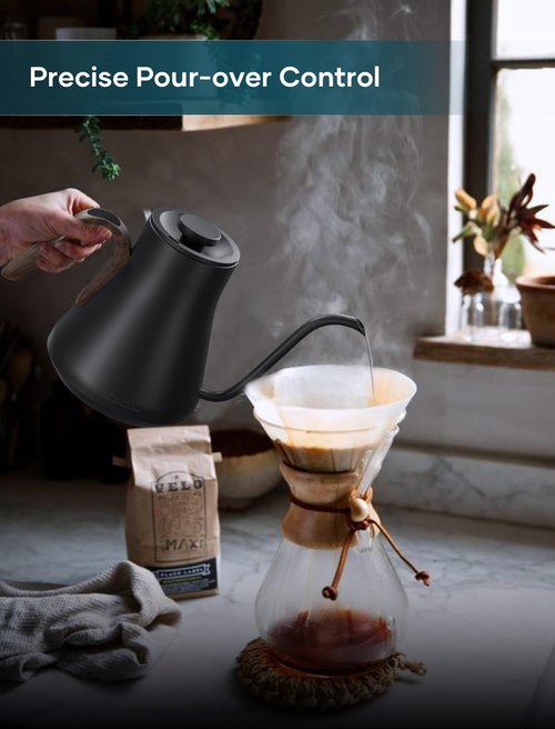 INTASTING Gooseneck Electric Kettle with ±1℉ Temperature Control for Pour Over Coffee & Tea, Quick Heating, BPA-Free Stainless Steel, Built-in Brew Timer, 1500W/0.9L (Black Walnut)