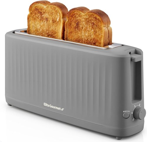 Elite Gourmet SLIMTOAST™ 2-Slice Long Slot Toaster - Cool-Touch Body & 6 Toast Settings | Extra Wide 1.5” Slot in Grey