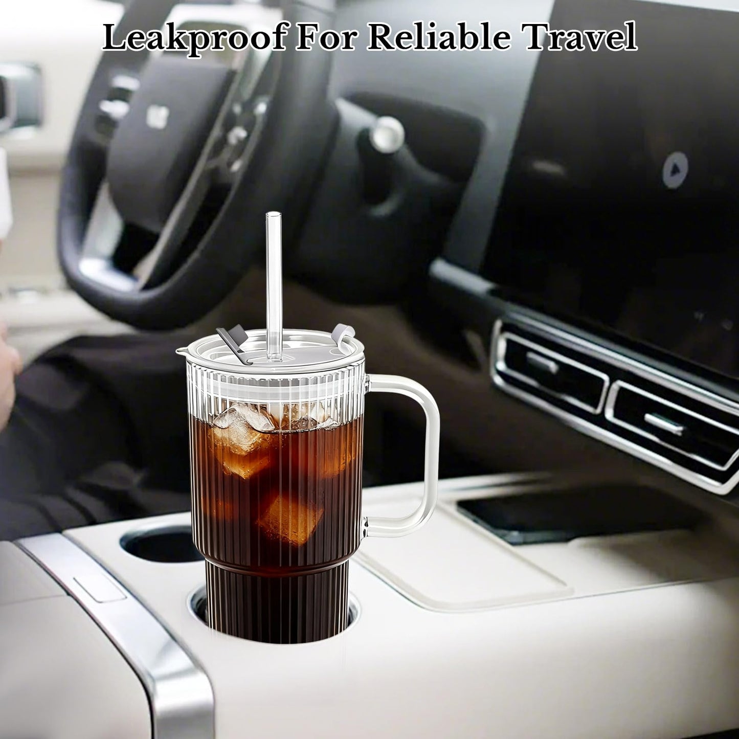 Snextek 18oz Glass Tumbler with Handle, Glass Lid & Straw, 2-Piece Set, Thickened Glass Cups for Iced Coffee, Smoothies, Cocktails, Home Office Travel (Ribbed)