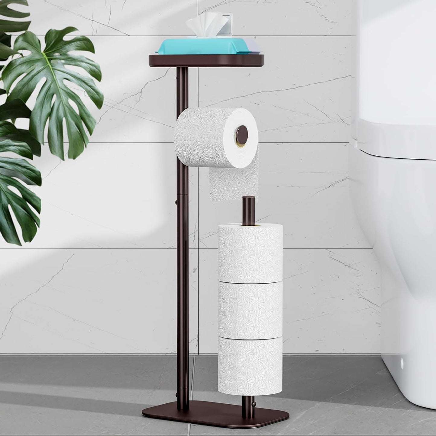 Kitsure Toilet Paper Holder - Rustproof Free Standing Stand for 4 Rolls with Anti-Slip Base & Shelf | Medium Brown