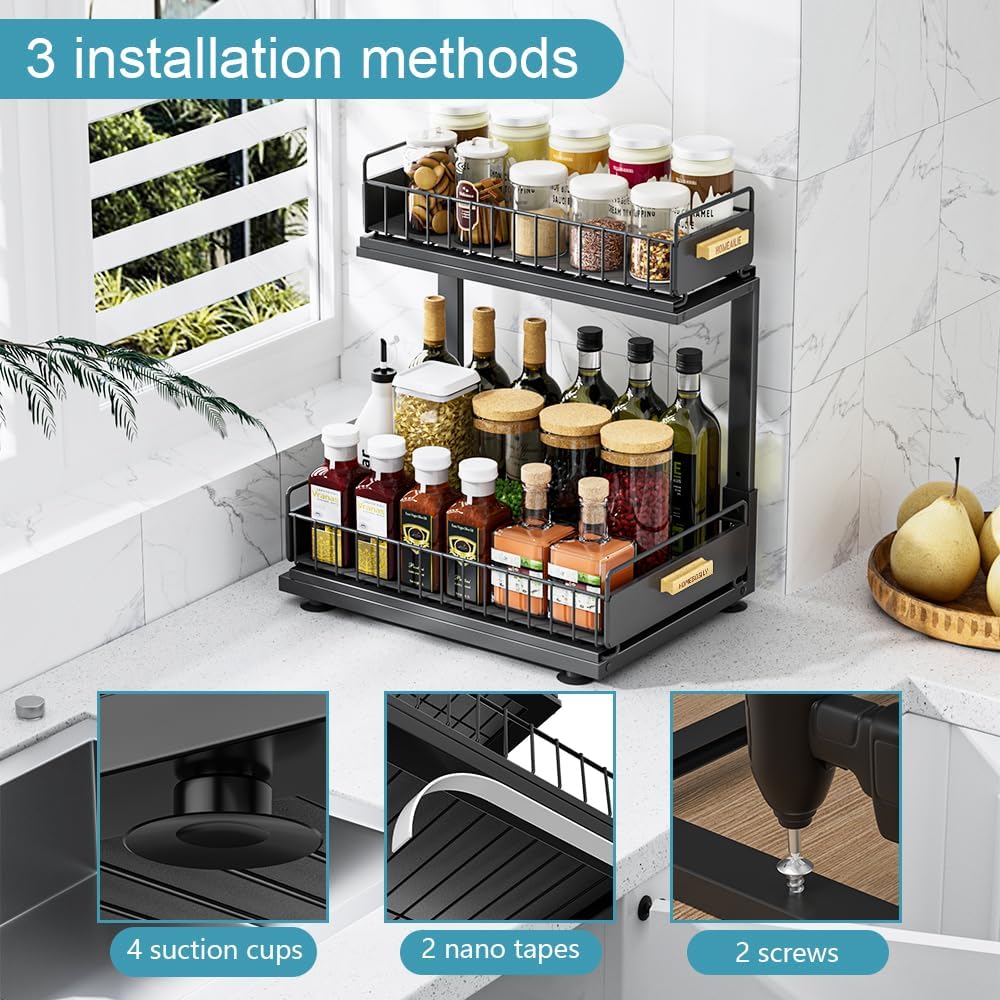Skiennix Under Sink Organizer - 2 Tier Pull-Out Metal Shelf for Kitchen & Bathroom Storage | Black