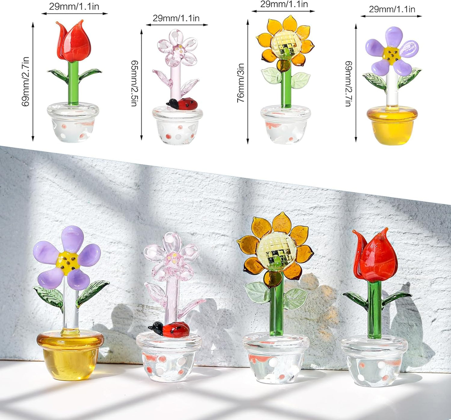 LONGWIN Mini Crystal Flower Figurines - 4pcs Hand Blown Glass Spring Bouquet | Lucky Home Decor Gift for Any Occasion