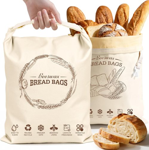 Aofmee Beeswax Bread Bags - XL Reusable Sourdough Bags for Fresh Homemade Bread | 2 Pack Natural Cotton