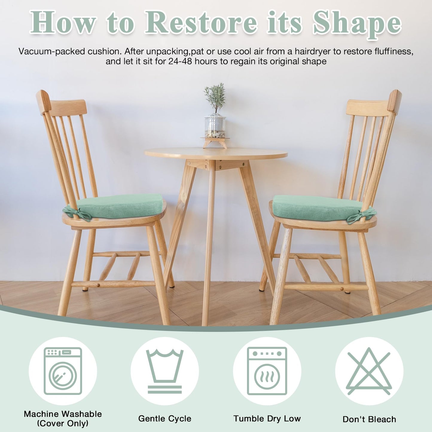 PRONOUS Light Green Winsor Chair Cushions with Ties, Dining Kitchen Chair Seat Pads Non Slip Removable Washable Cover 17"x16" Set of 2