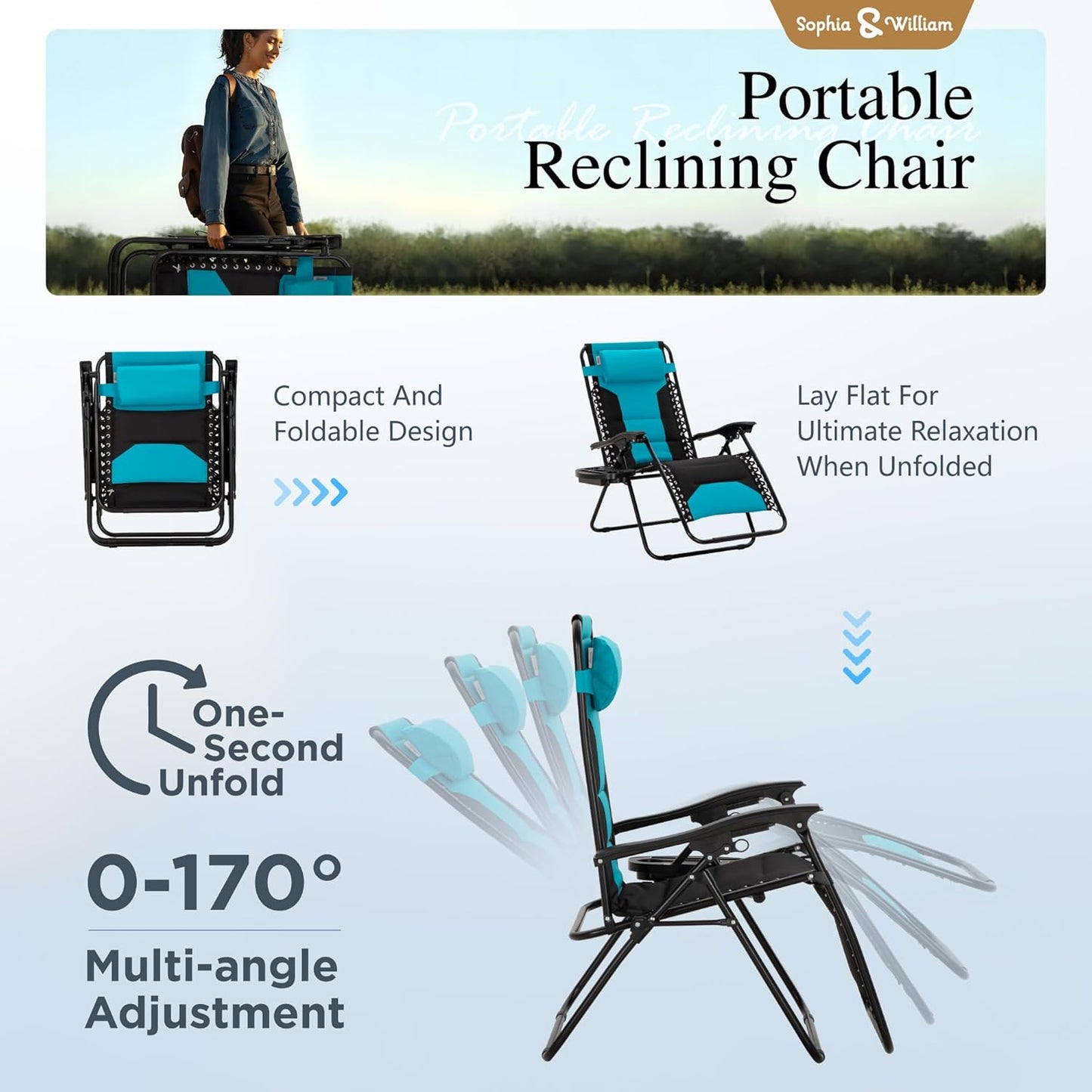 Sophia & William Oversized Zero Gravity Chair Set - Padded Folding Lounge Chairs with Cup Holder, Aqua Blue, 400 LBS Support