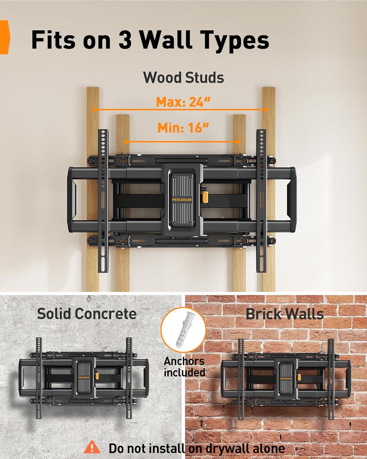 Perlegear Full Motion TV Wall Mount - Easy Setup for 42–97 Inch TVs, Swivel & Tilt, Max VESA 600x400mm