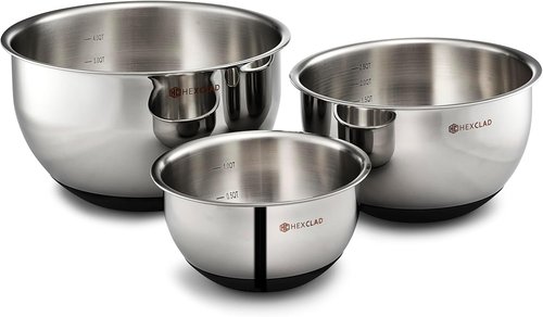 HexClad Stainless Steel Mixing Bowl Set - 3-Piece with Vacuum Seal Lids & Non-Slip Base | 1.3, 3 & 5 Quarts