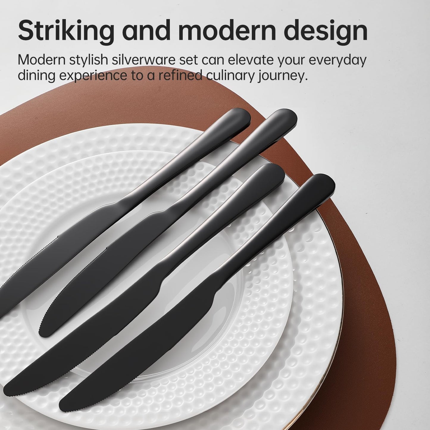 MNLWSP Butter knives 16pcs Food-Grade Stainless Steel black knife 9inch dinner knives seamless black silverware easy to clean Dishwasher Safe