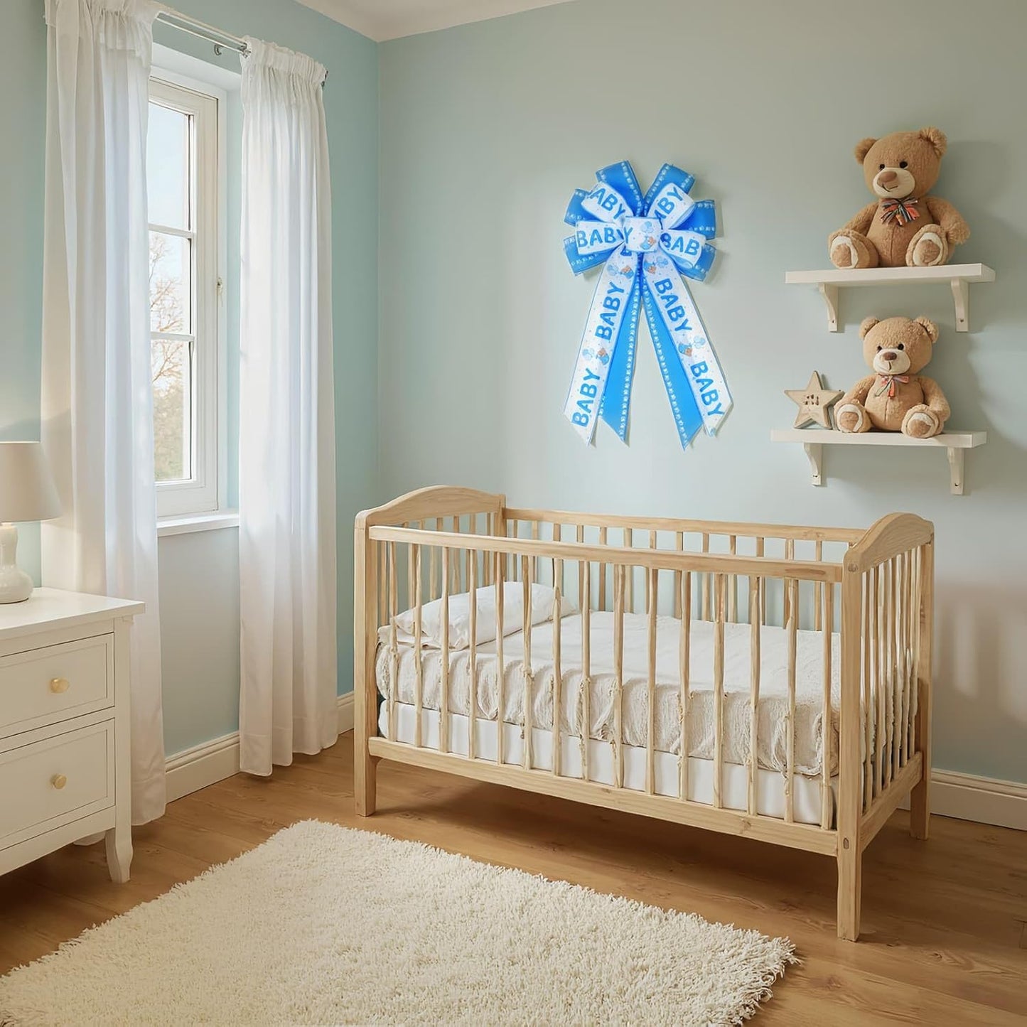 Large Blue Baby Shower Bow - Welcome Home Baby Boy Decorations | Indoor & Outdoor Wreath Decor