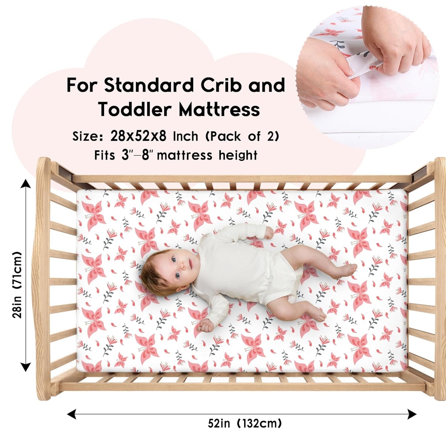 Yoofoss Fitted Baby Crib Sheets - Super Soft Microfiber 2-Pack for Standard Crib & Toddler Mattress | Pink & Butterflies 28x52x8in