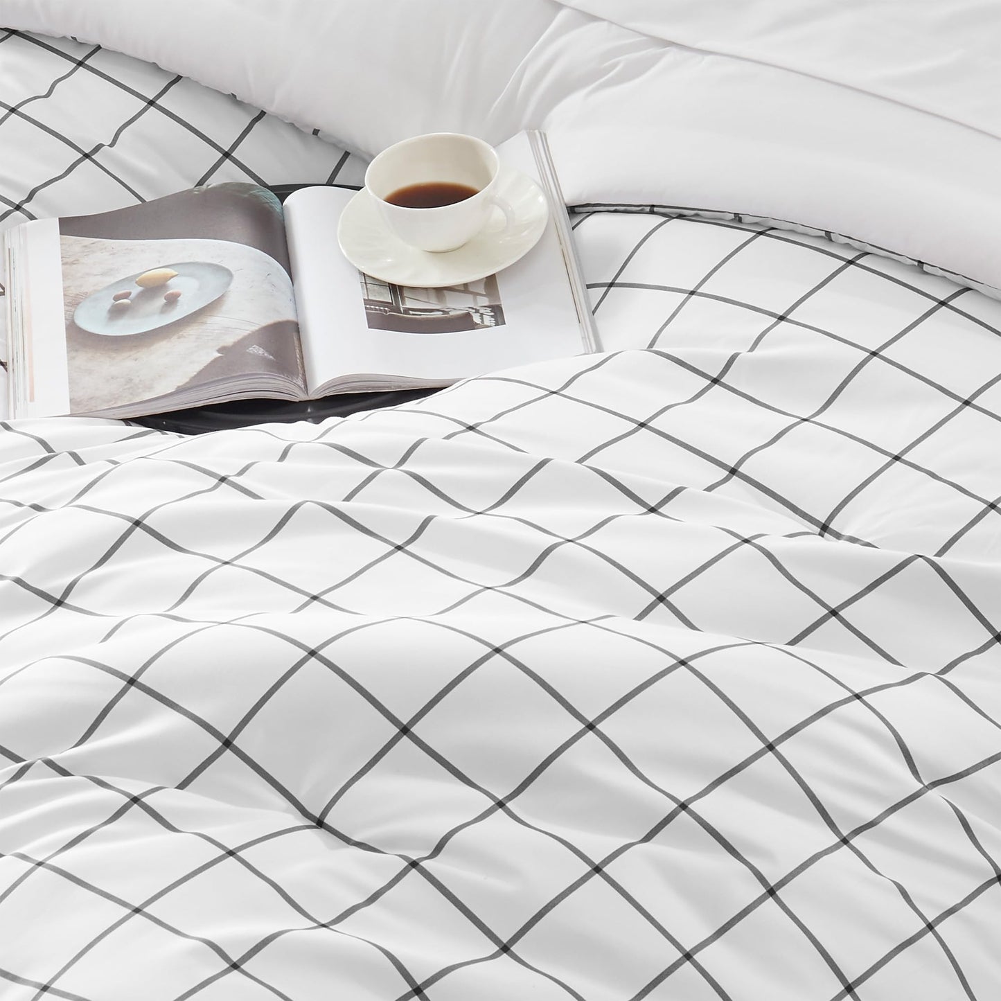 SLEEP ZONE 7 Pcs Comforter and Sheet Set Queen Size, Grey Grid Luxury Fluffy Soft Down Alternative Comforters with Flat Sheet, Fitted Sheets, Pillowcase, White