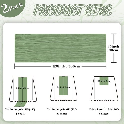 2 Pack Sage Green Cheesecloth Table Runner, 10Ft Boho Gauze Cheese Cloth Table Runners for Wedding, Party, Dinner, Baby Shower, 120 Inches Long Table Runner for St. Patrick's Day, Easter, Christmas