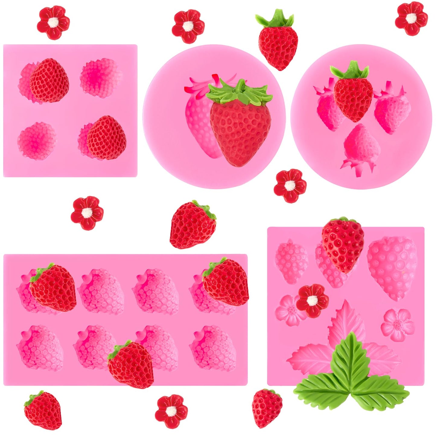 CLUEWR 5 PCS Silicone Strawberry Molds, 3D Strawberry Fondant Molds for Chocolate, Candy, Cake Decoration, Cupcake Topper