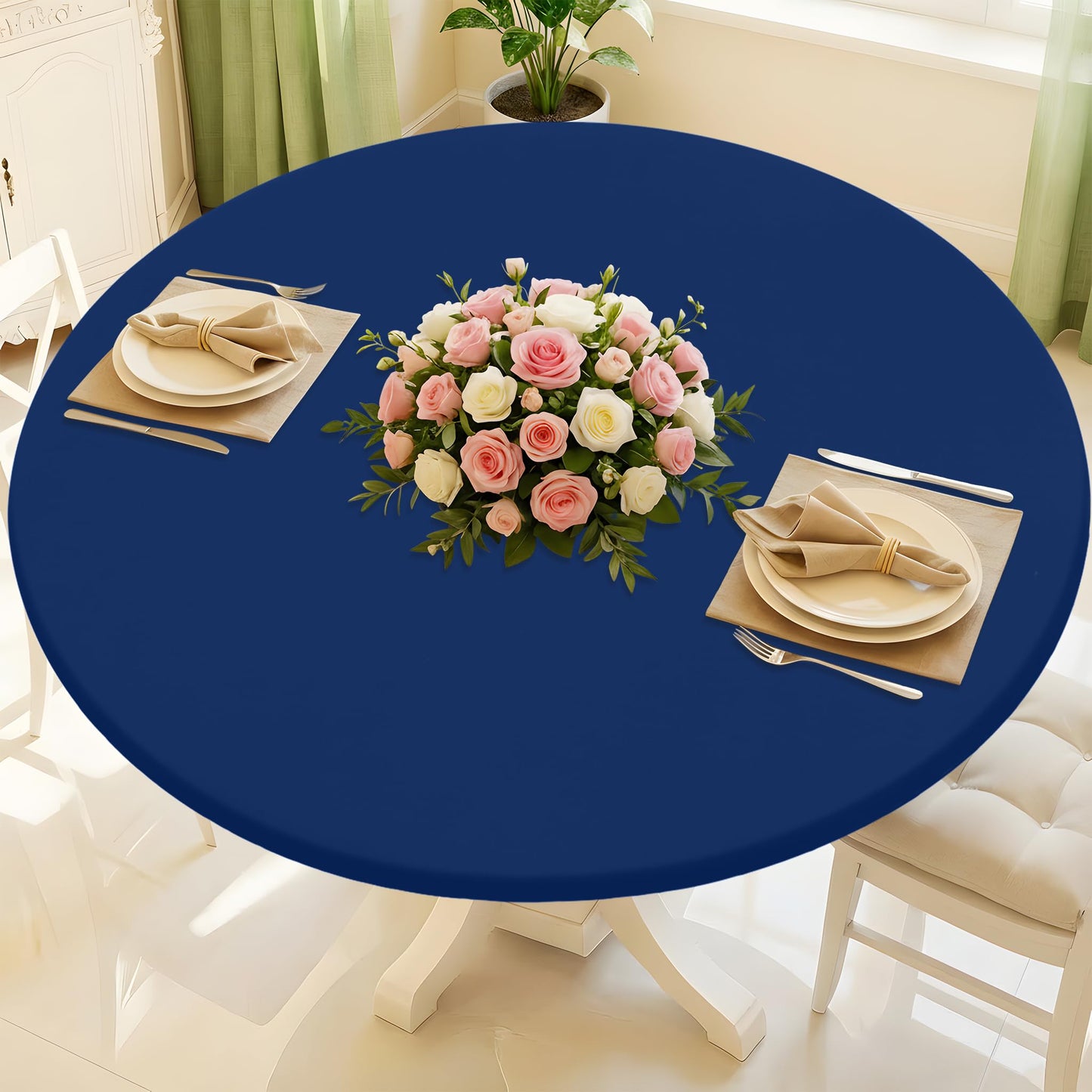 Moosfor Round Spandex Tablecloth, Elastic Fitted Waterproof Tablecloths for 36"-44" Tables, Stretch Washable Picnic Table Cover for Camping, Dining, Indoor and Outdoor, Navy
