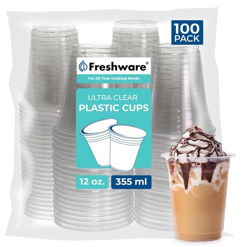 Freshware 12 oz Clear Plastic Cups - Heavy-Duty Disposable Tumblers for Parties | 100 Pack