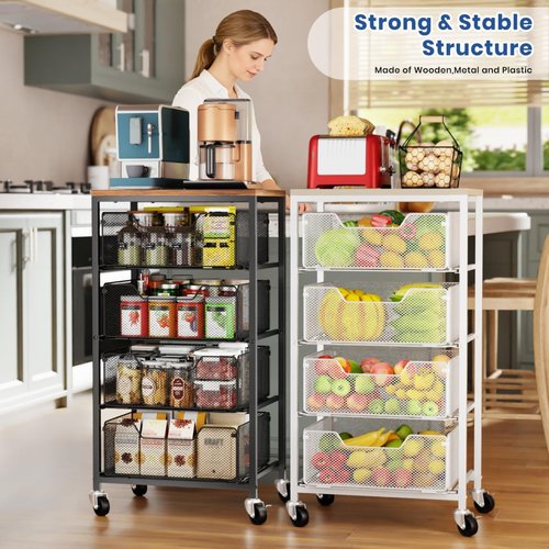 Goovilla Kitchen Cart - 4-Tier Metal Rolling Utility Organizer with Lockable Wheels & Wooden Top - Black