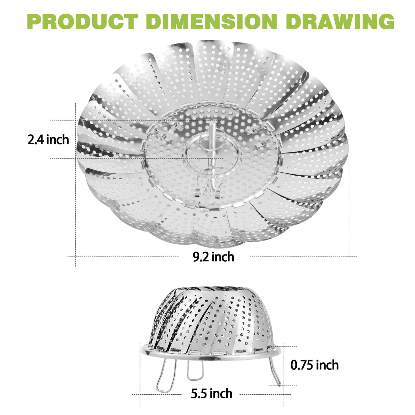 Vegetable Steamer Basket - Stainless Steel Folding Basket for Cooking, Vegetables, Fish, Pasta, Eggs, Fit Various Size Pot (5.5 inches to 9.2 inches)