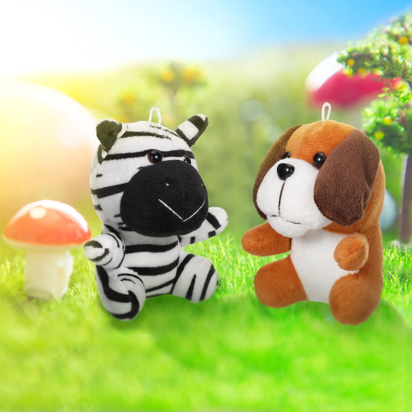 Skylety 12pcs Mini Safari Stuff Animal 3.9 Inch Cute Jungle Stuffed Animal Lion Rabbit Owl Hedgehog Monkey Tiger Zebra Elephant Leopard Hippopotamus Rhinoceros for Easter