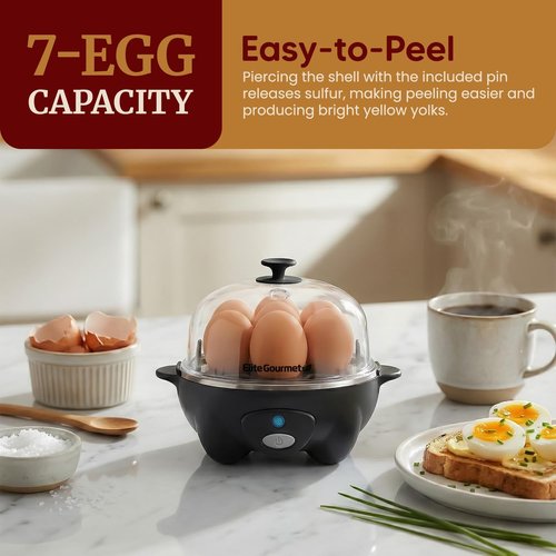 Elite Gourmet Rapid Egg Cooker - 7 Egg Capacity, Auto Shut-Off & Recipe Booklet | Black