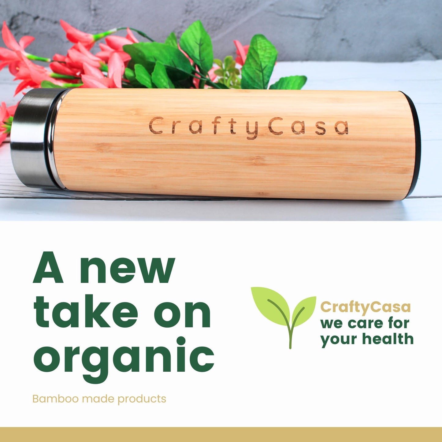 CRAFTYCASA Premium Bamboo Thermos with Tea Infuser 500ml/17oz capacity - Vacuum Insulated 304 Stainless Steel Travel Tea Tumbler Infuser Bottle for Leaf Tea & Coffee - Hot & Cold for 12 Hrs