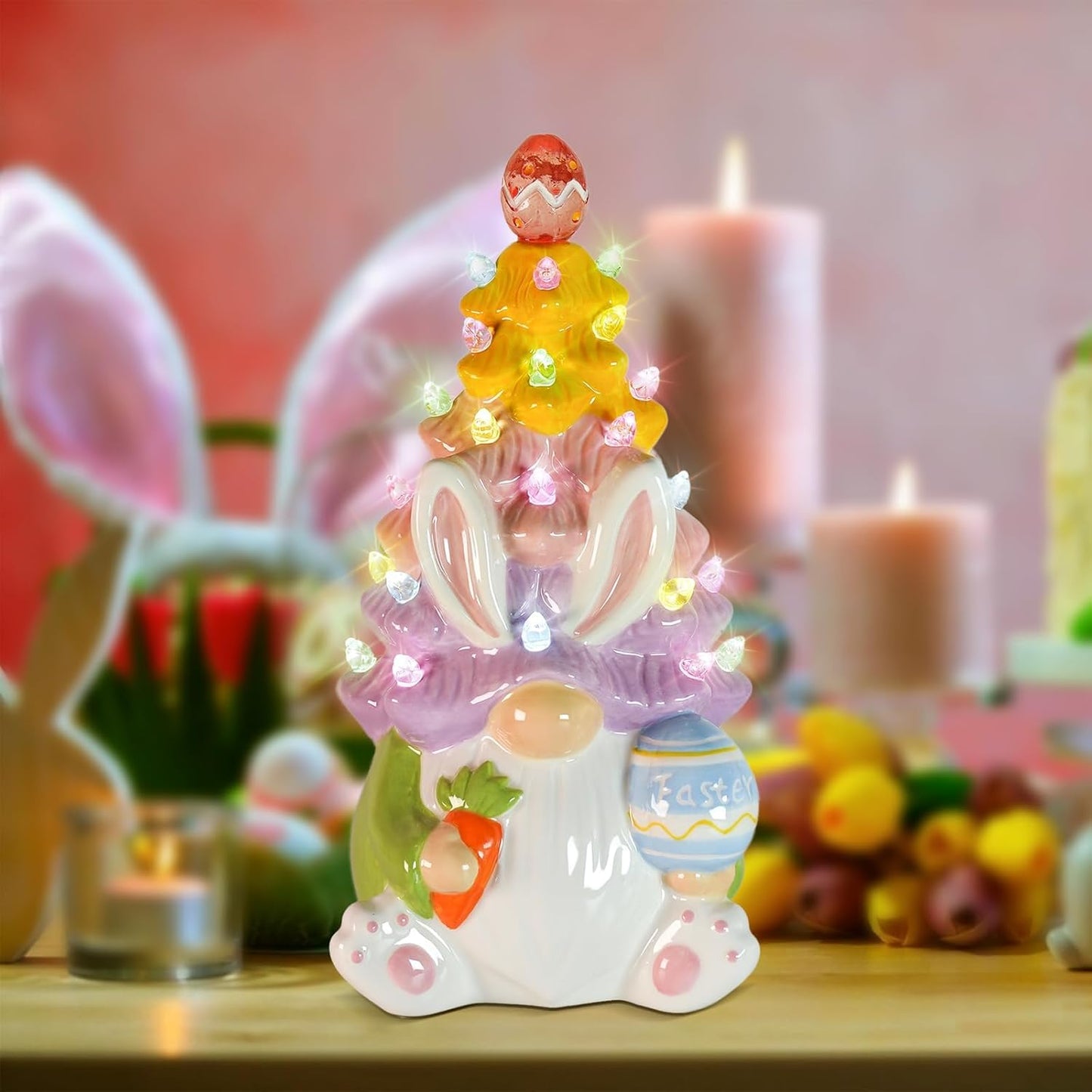 Timer Easter Decorations - Light Up Bunny & Gnome Ceramic Tree Decor for Spring Centerpieces