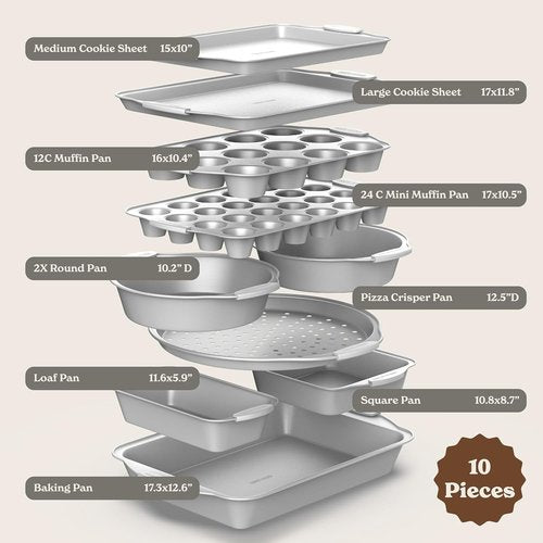 Country Kitchen Nonstick Bakeware Set - Heavy Duty & Easy Release | 10-Piece Silver Set