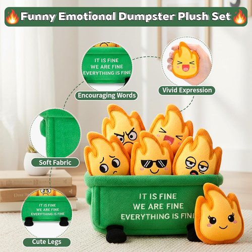 Emotional Dumpster Plush - Funny Desk Accessories with 6 Fire Plushies | Cute Stuffed Doll Gift for Coworkers