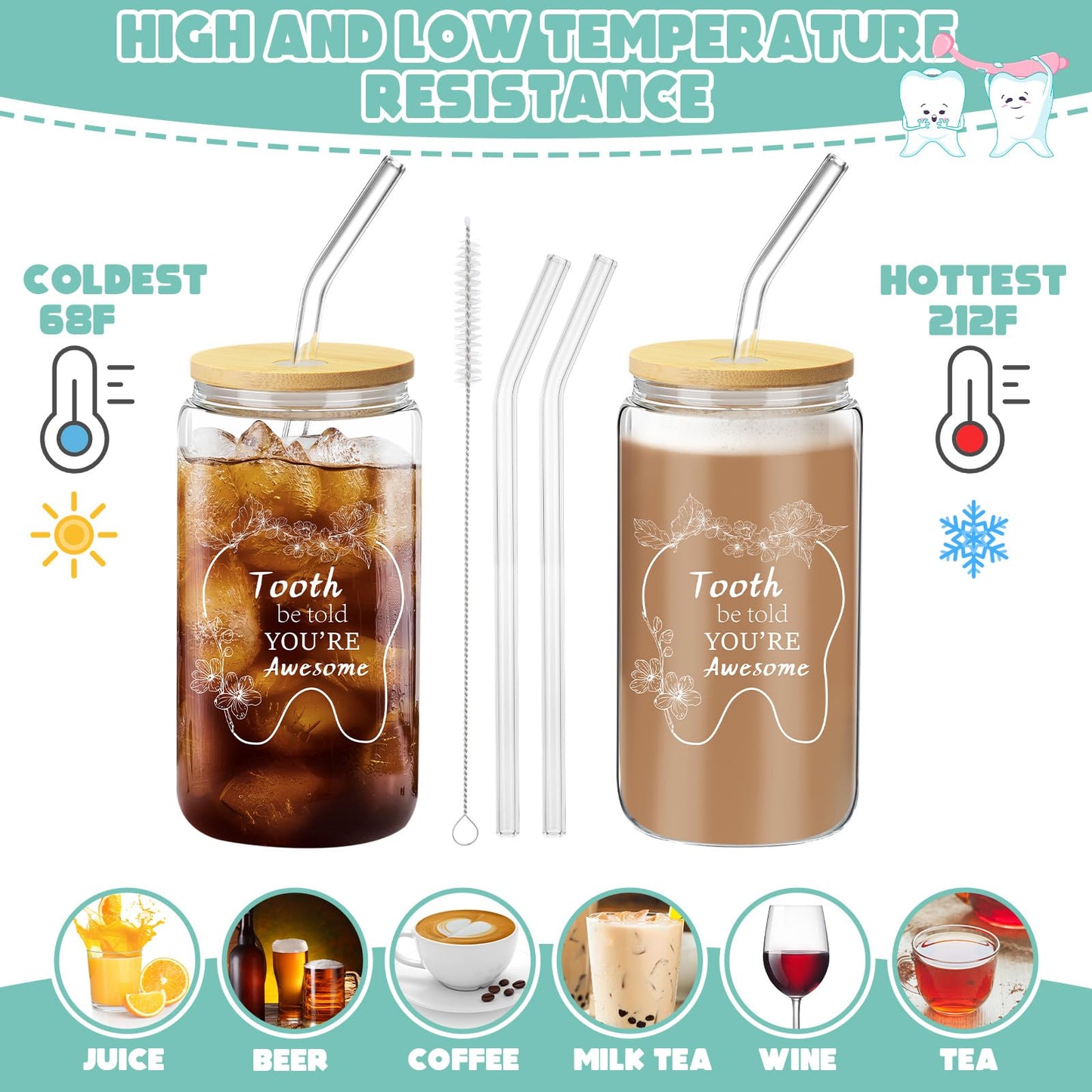 Pickmesh 6 Pcs Nurse Week Appreciation Gifts Dentist Hygienist Gifts 16 oz Glass Cups with Lid Makeup Bag Socks Badge Holder Tooth Brush Pot for Women Doctor Nurse Appreciation Accessories(Blue)