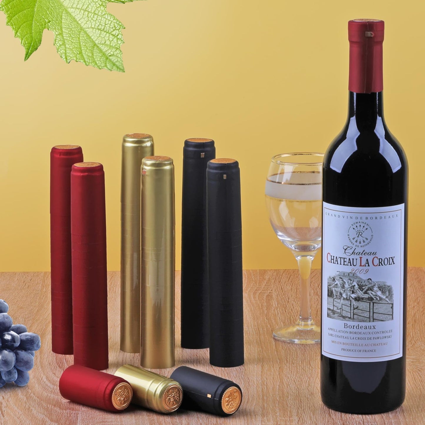 PVC Heat Shrink Capsules, 120 Pieces Wine Shrink Wrap Caps, 3 Color Wine Bottle Capsules Shrink Caps for Professional Wine Making Cellars and Home Use (Black, Red, Gold)