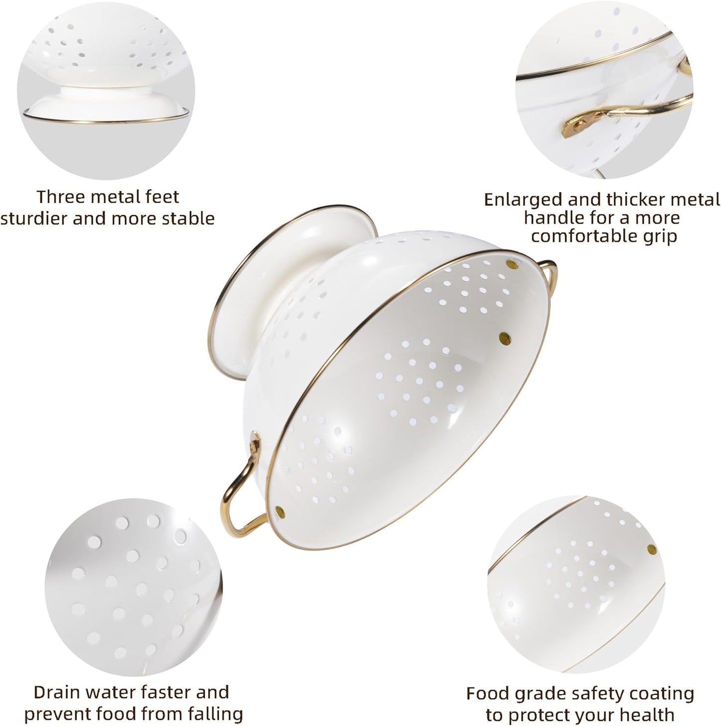 Metal Colander Set by [Brand Name] - 3-Piece Strainer Basket with Handles for Pasta, Berries & Vegetables - Cream, 1Qt, 3.5Qt & 5Qt