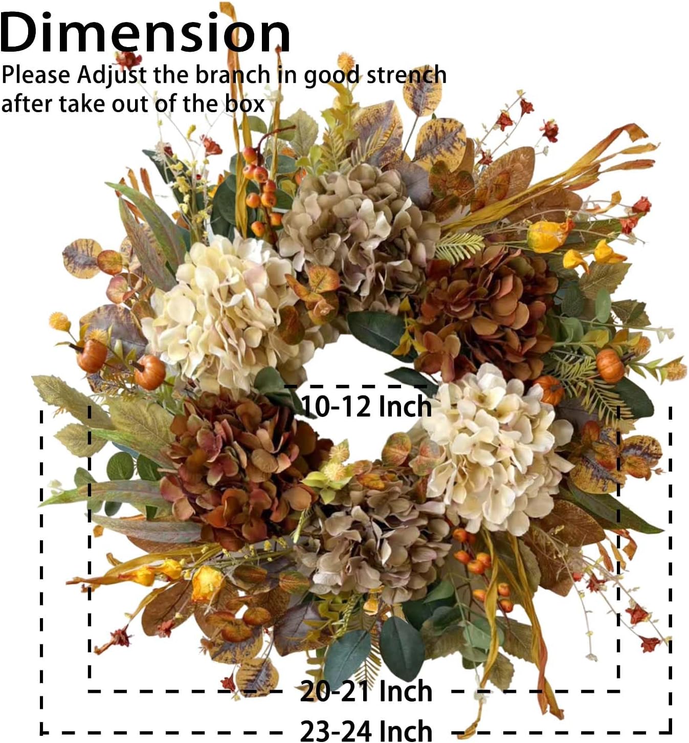 WANNA-CUL 24 Inch Fall Wreath - Hydrangea & Little Pumpkins | Seasonal Home Decor for Autumn & Thanksgiving