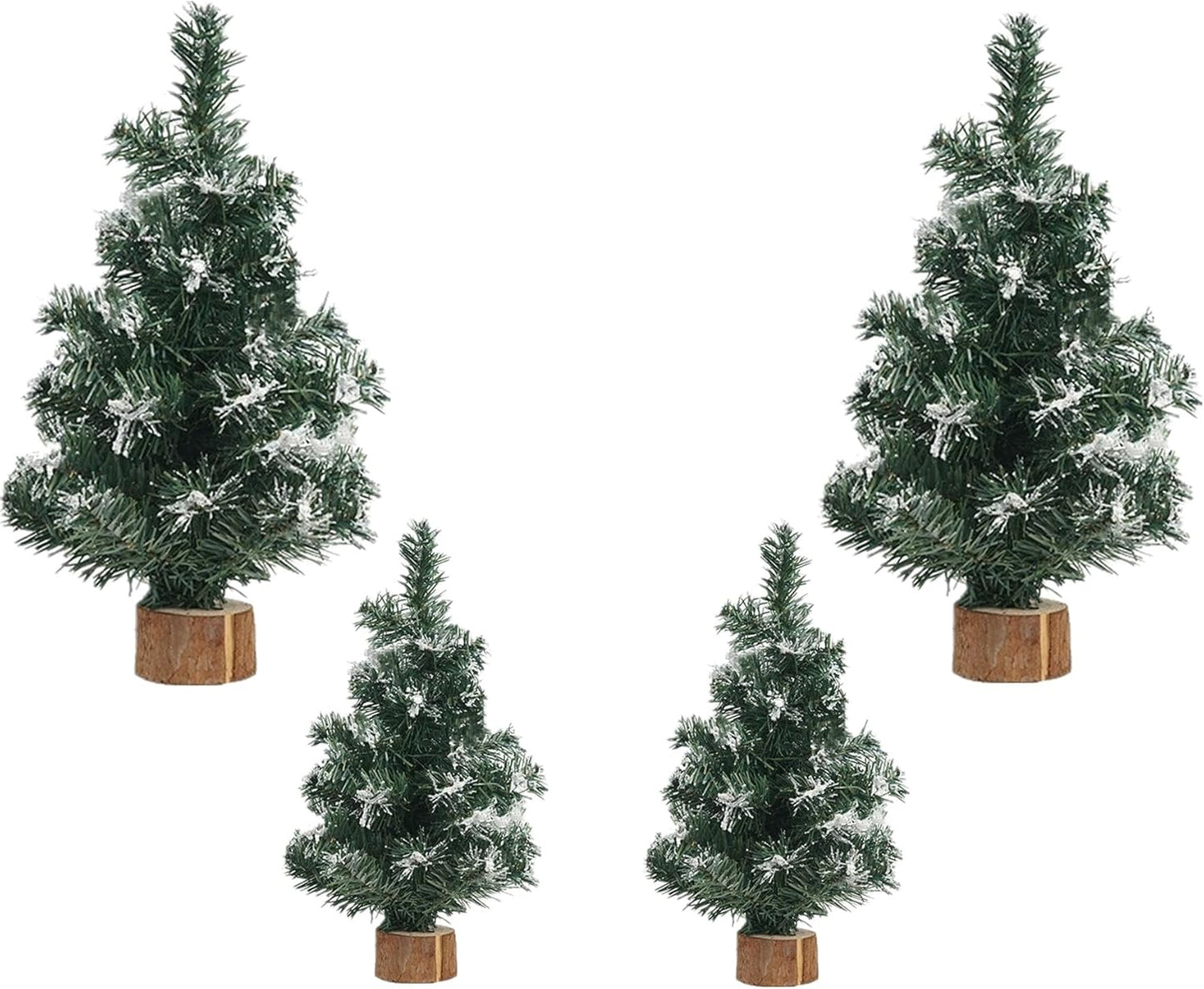 Mini Christmas Trees by Simulated Snow - 4pcs Tabletop Pine Decor with Wooden Base | 7.87/11.81 Inch