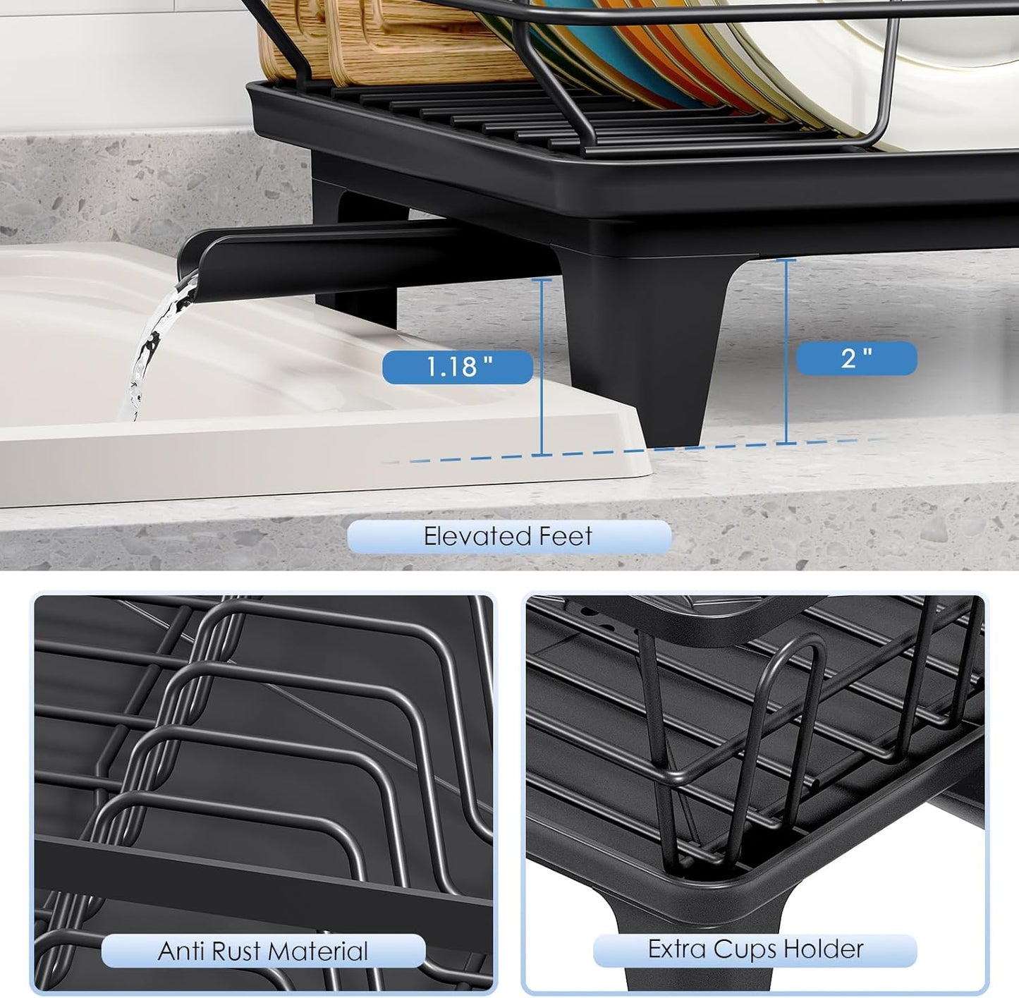 Urackify Dish Drying Rack - Large Kitchen Counter Rack with Drainboard & Cutlery Holder | Black