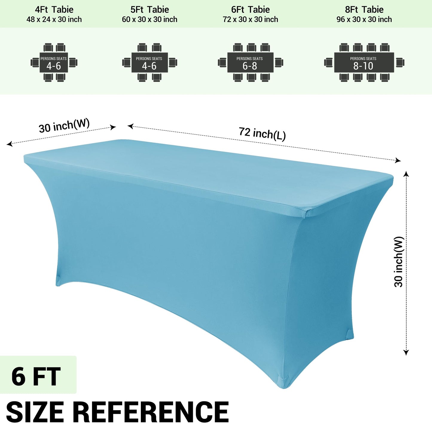 Obstal 8ft Stretch Spandex Table Cover for Standard Folding Tables - Universal Rectangular Fitted Tablecloth Protector for Party （Light Blue, 96 Length x 30 Width x 30 Height Inches）