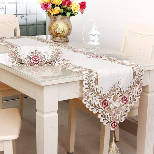 Classic Floral Embroidery Table Runner - 15" x 77" Dark Red Lace Dresser Scarf for Weddings & Home Decor