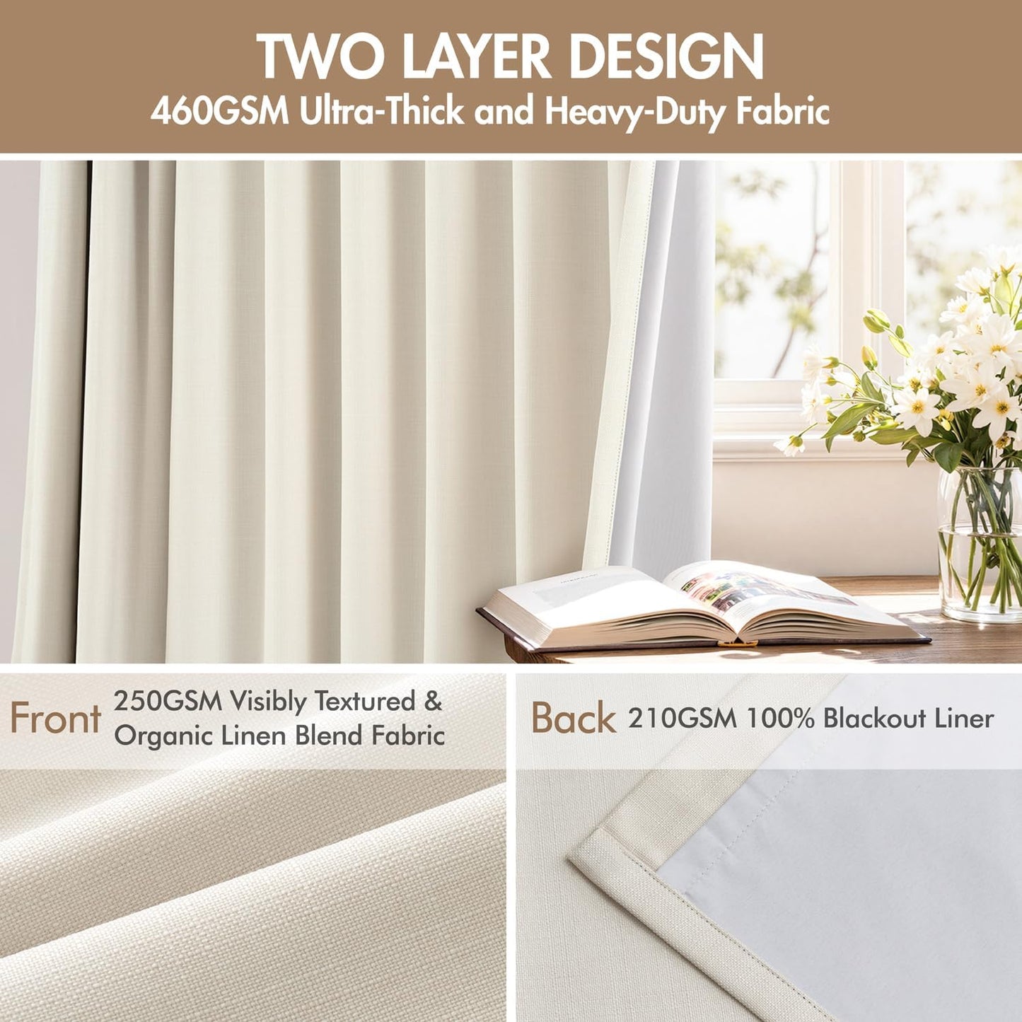 MIULEE 100% Blackout Curtains - 96 Inch Long, Thick Linen, Thermal Insulated, Birch | 4 Panel Set for Bedroom & Living Room