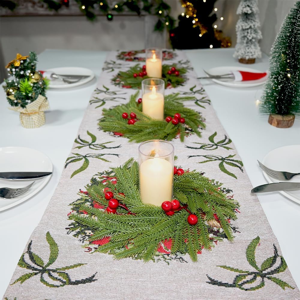 Regine Switzerland Christmas Candle Rings - 3Pcs Norfolk Pine & Red Berry Mini Wreaths | Festive Table Decor