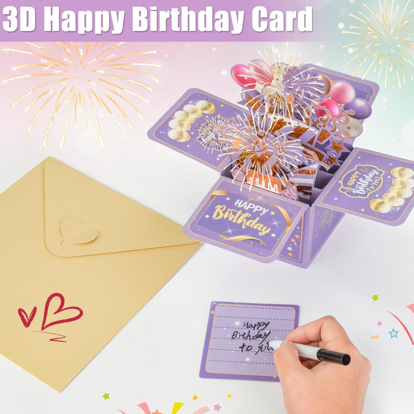 Surprise Pop Up Birthday Cards - Unique 3D Handmade Greeting Card for Adults & Kids | Purple Design