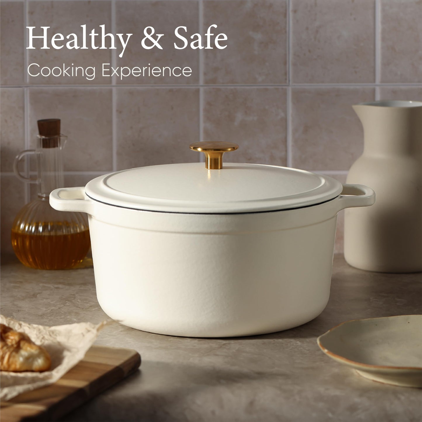 CAROTE 5QT Enameled Cast Iron Dutch Oven Pot with Lid, Cream White