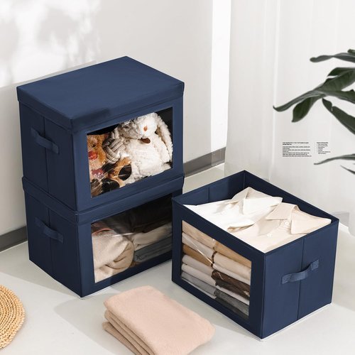 Homsorout Stackable Storage Bins - Large Fabric Closet Organizer with Lids | 5 Pack in Navy Blue