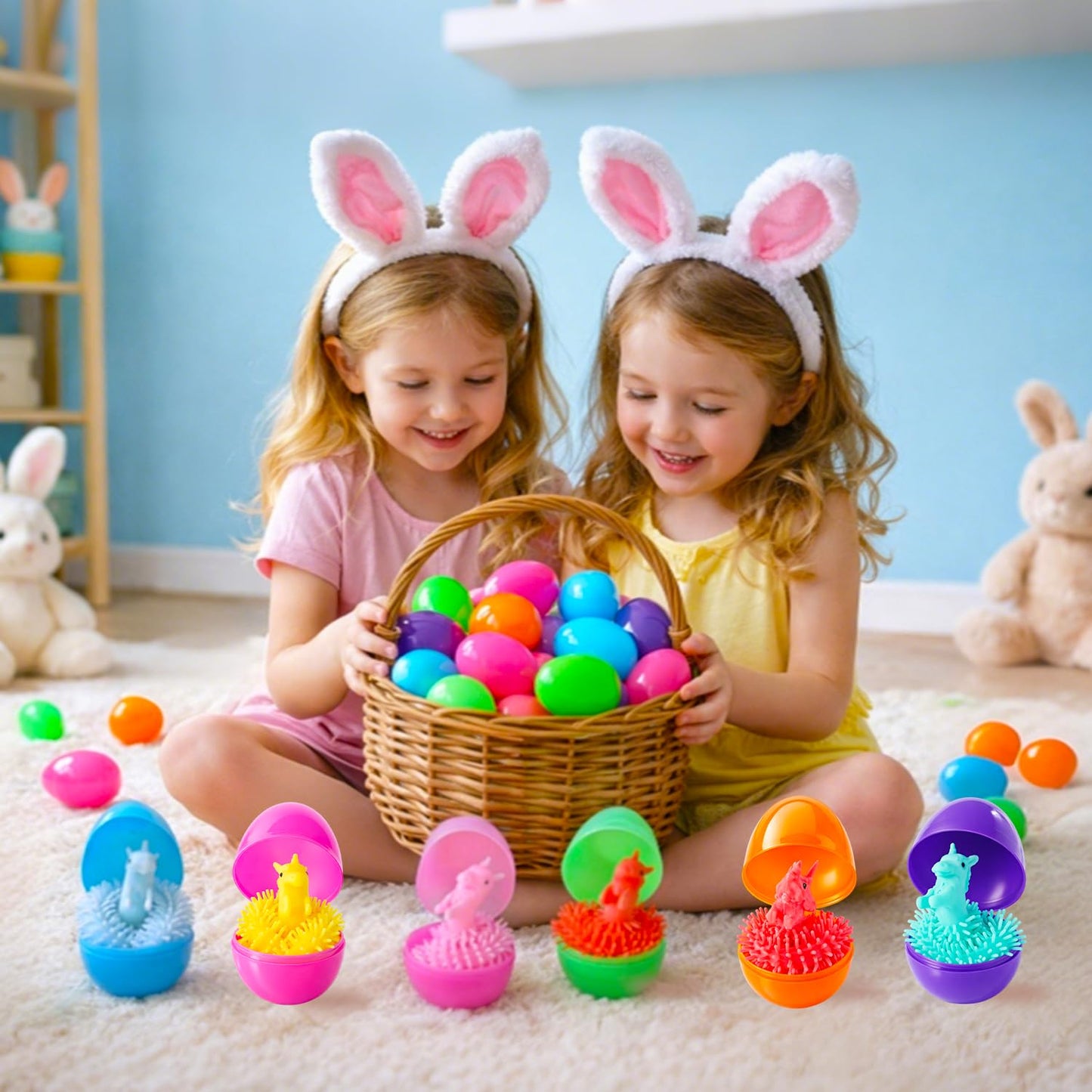 Yunfan 24 Pack Prefilled Easter Eggs with Dinosaur Stretchy Strings Fidget Toys Stress Reliever Sensory Squeeze Toys for Easter Basket Stuffers Egg Hunt Party Favors Birthday Gifts